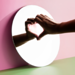 Hands forming a heart shape with their reflection in a round mirror, symbolising self-love and self-forgiveness